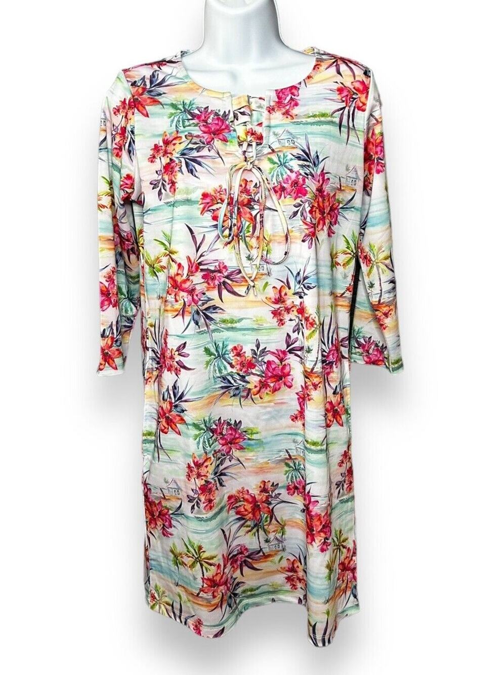 Caribbean Joe Floral Lace-Up Swim Cover Up Dress Tropical Floral Pullover Small
